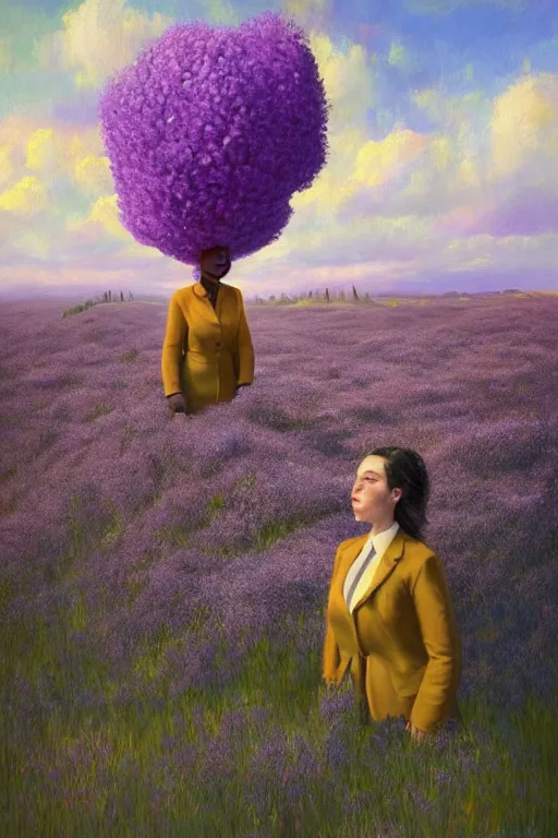 Prompt: portrait, giant lilac flower as head, black woman in a suit in heather field, surreal photography, golden hour, colorful clouds, impressionist painting, digital painting, artstation, simon stalenhag