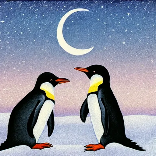 Prompt: A penguin and a penguin, moon, grassland, starry sky, sea ,artwork by Quint Buchholz .