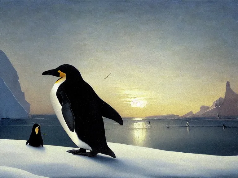 Image similar to an oil painting of a penguin playing in pure white snow on an iceberg in a serene ocean at dusk. aurora. by tuomas korpi moebius and carl spitzweg. baroque elements. intricate artwork by caravaggio. oil painting. oil on canvas. award winning. dramatic. trending on artstation. 8 k