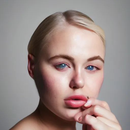 Prompt: minimalist photography portrait of a woman with the world's smallest mouth, tiny lips, symmetrical, super close up, mid thirties, medium blonde, cute round green slanted eyes, pale skin, wide nostrils, chubby cheeks, high flat eyebrows, ethereal essence, angelic, leica 1 0 0 mm f 0. 8