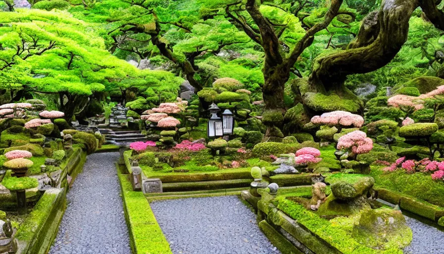 Prompt: A magical dreamy garden in front of a large temple in Kyoto Japan on a rainy day. Moss covered rocks, glowing lanterns, and flowers line a beautiful walking path leading to the temple in the center. Magic sparkles in the air, Style by Gucci and Wes Anderson,