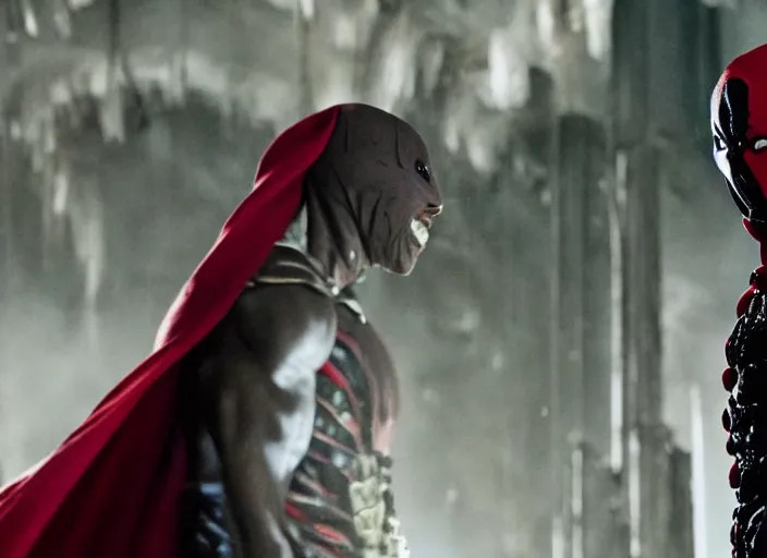 Prompt: film still of michael b jordan as spawn in the new spawn movie, giant chains, large cape, 8 k