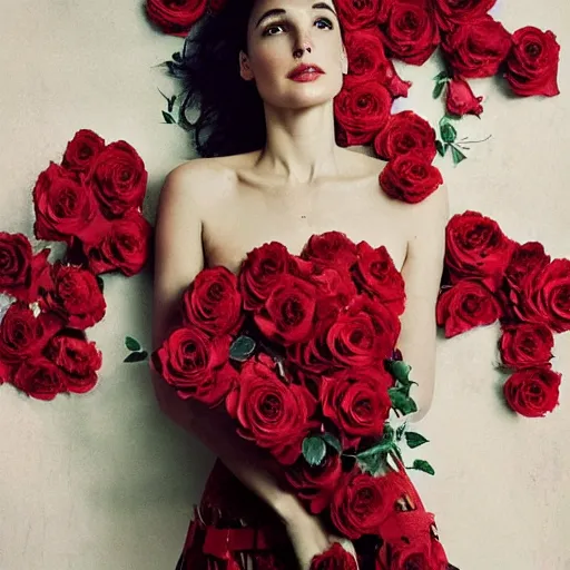 Image similar to full body fine art photo of the beauty gal gadot, she is merging from roses, taken by oleg oprisco