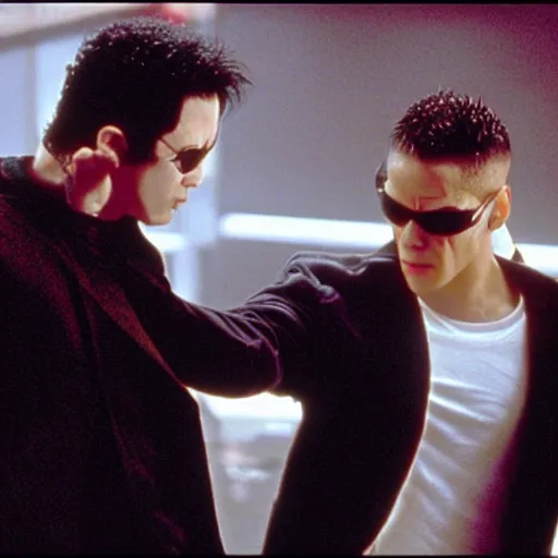 Image similar to neo punches morpheus instead of choosing a pill, still from the matrix movie