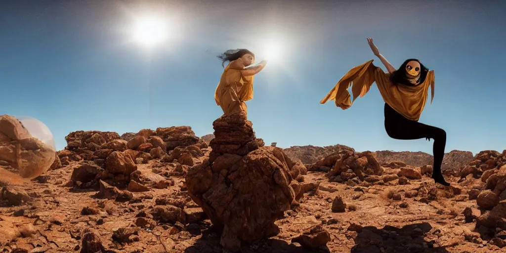 Image similar to levitating woman with full - face golden bright reflective mask in a dry rocky desert landscape, visible sky and sunny atmosphere, floating rocks, flying rocks and fata morgana and giant mirrors by alejandro jodorowsky, anamorphic lens, kodakchrome, practical effects, masterpiece, 8 k