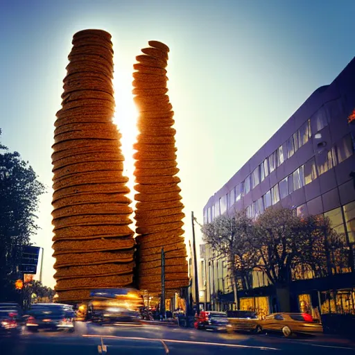Prompt: a photo of a towering impressive building made of bread, cheese, and lunchmeat, dramatic lighting, bokeh, designed by frank gehry