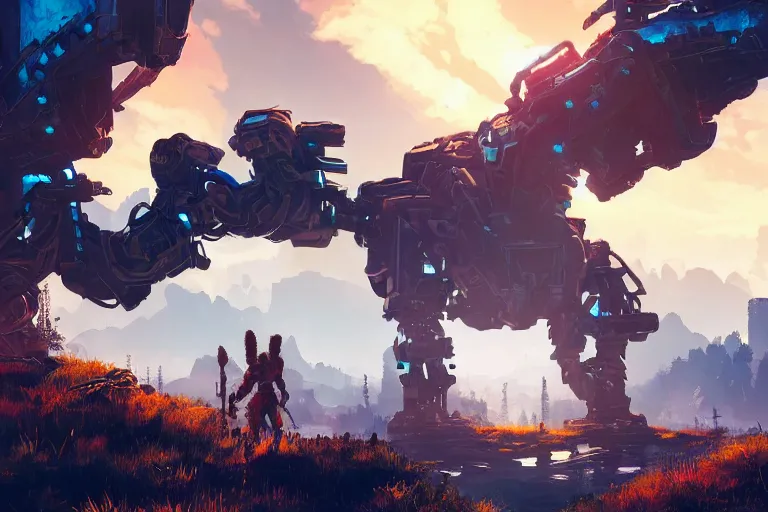 Prompt: scrapper machine creature robot of horizon forbidden west horizon zero dawn radiating a glowing aura global illumination ray tracing hdr fanart arstation by ian pesty and alena aenami artworks in 4 k