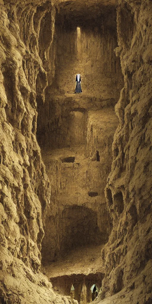 Prompt: an explorer standing in an ancient city inside a cave, by Beksinski and Lauire Lipton