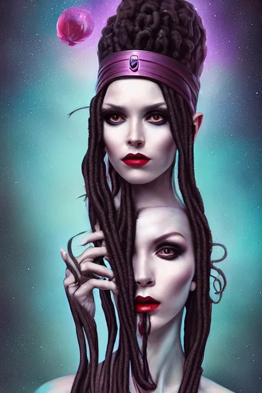 Image similar to portrait of an alien woman queen with long floating snake dreads, straight on portrait, by artgerm, tom bagshaw, gerald brom, vaporwave colors, lo - fi colors, vaporwave, lo - fi, moody vibe, goth vibe, 4 k, hd,