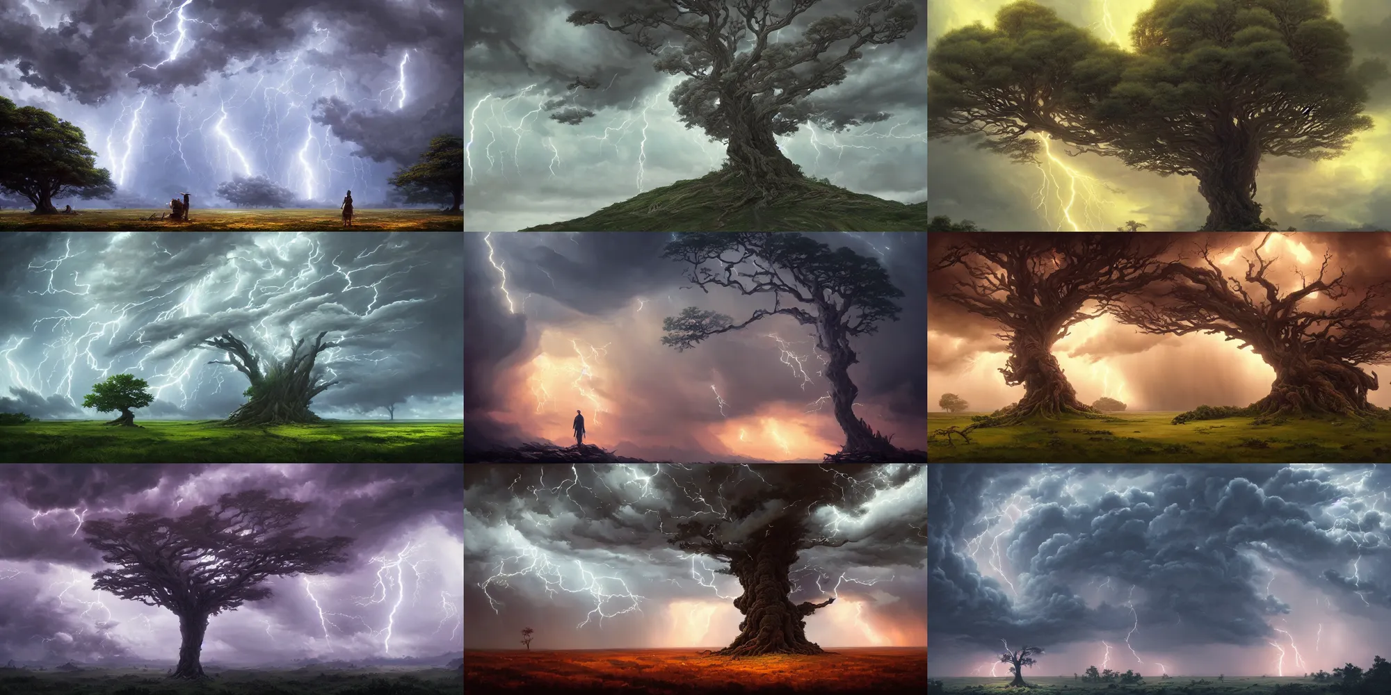 Prompt: a beautiful painting of a huge tree of storm, foliage made of stormy clouds and lightnings, epic, fantasy, high definition, cinematic shot, by roger deakins and moebius and alphonse much and guweiz and hiroshi yoshida, artstation