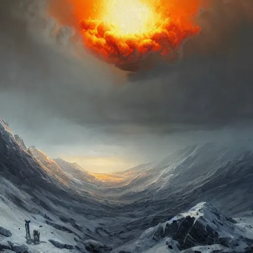 Image similar to an nuclear explosion in blizzardy mountains, Matte painting , detailed painting, greg rutkowski