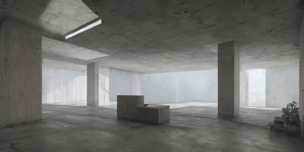 Prompt: a brutalist concrete room, brutalism, interior design, nature, render, photorealism, beautiful, cinematic dramatic atmosphere, volumetric cinematic perfect light, detailed octane render trending on artstation, 8 k, by chris hytha and jag studio