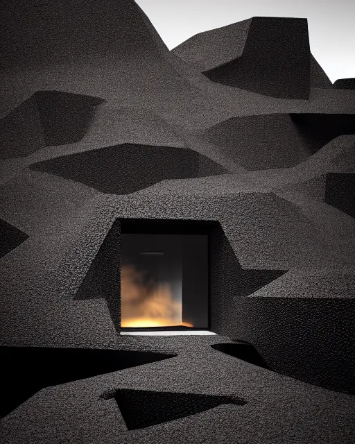 Image similar to tall black geometric house, embedded in lava cliff, full view, black house, molten metal house, minimal, rippled white landscape, dwarven architecture, light from molten iron, octane render, hyper realistic, 8 k, octane render