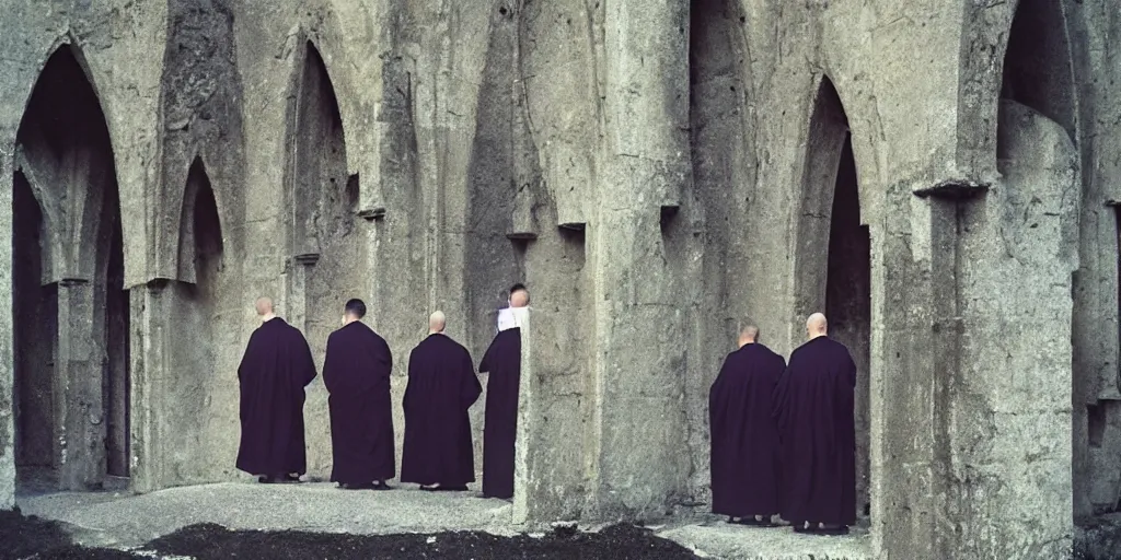 Image similar to robed benedictine monks sing in a boreal crumbling stone gothic brutalist monastery kodak portra ektachrome, chromatic aberration, film grain, bokeh