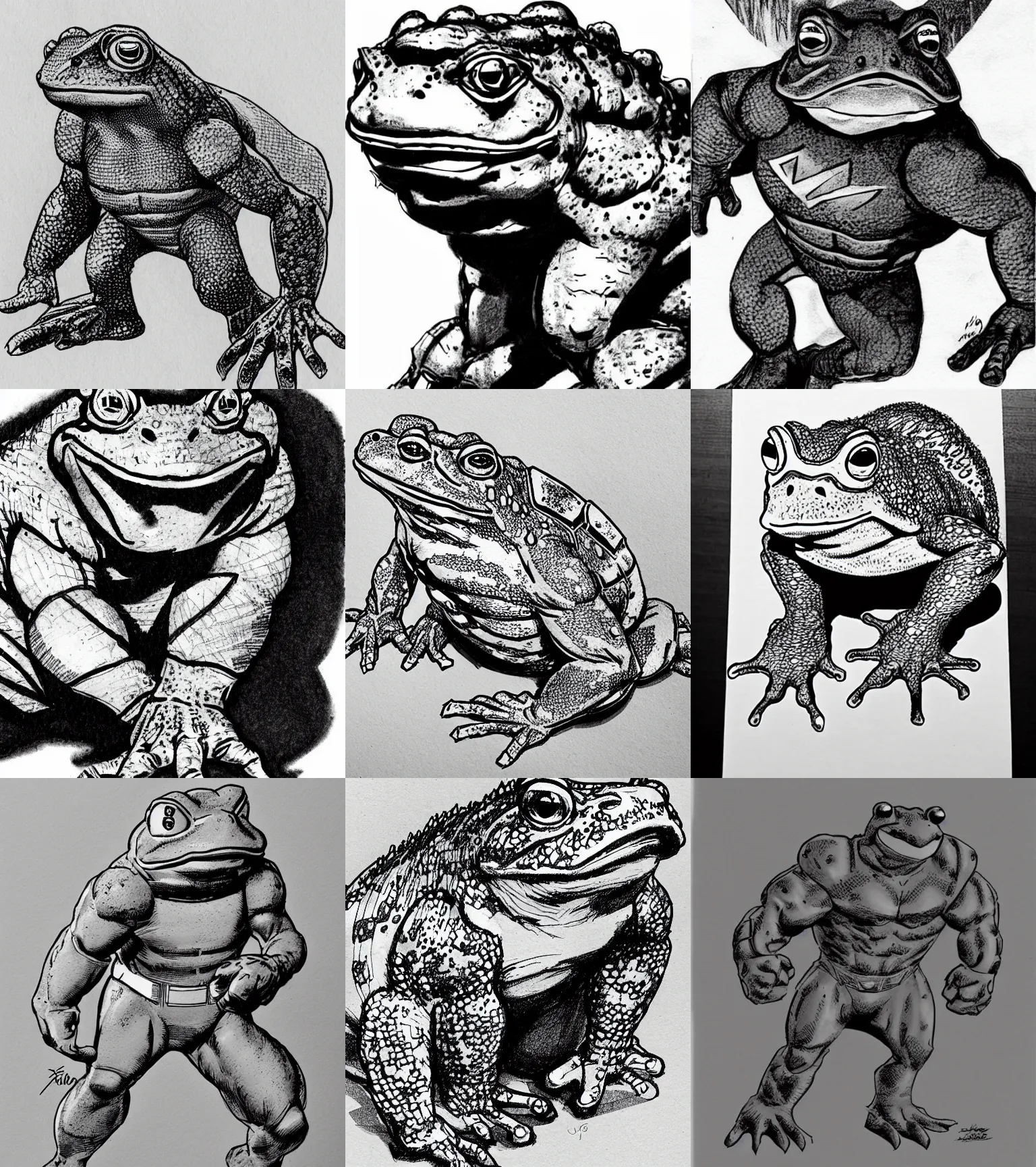 Prompt: toad animal!!! jim lee!!! close up shot!! flat grayscale ink sketch by jim lee close up in the style of jim lee, armored x - men superhero hunter hulk toad animal looks at the camera by jim lee