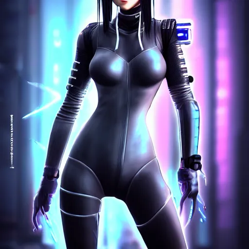 Image similar to An epic comic hyperrealistic anime painting of a cyber warrrior girl wearing futuristic wardrobe, black and silver, ultradetailed face expression trending on artstation and artbreeder, cyberpunk 2077 color, heavy rainning at tokyo street night, neon ligh, DAZ, 8k, unreal 5 engine render, cosplay, RPG portrait, final fantasy Vll world concept, dramatic lighting, rim lights, PS5 render quality