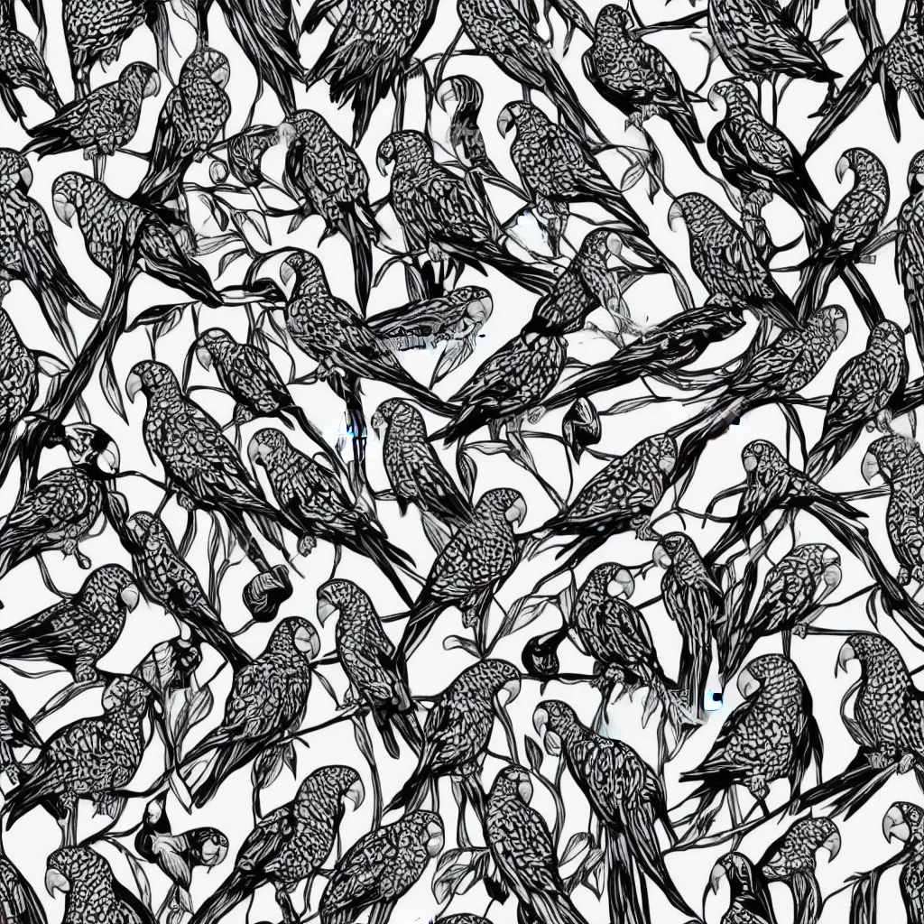 Image similar to seamless pattern of parrots. black and white, drawing, white background, seamless, ornament.