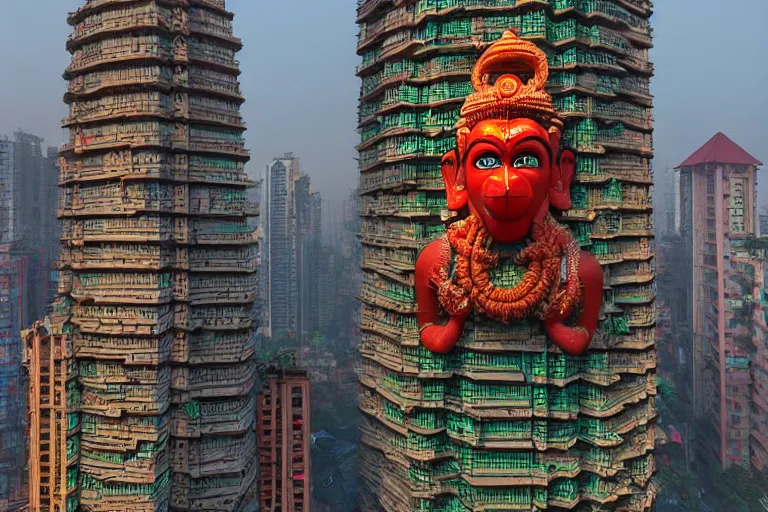 Image similar to high quality 3 d cyberpunk biomorphic hanuman head building in the middle of mumbai!!, kalighat highly detailed, cinematic smooth, stephen shore & john j. park, soft morning light, wide shot, high angle, uhd 8 k, deep focus