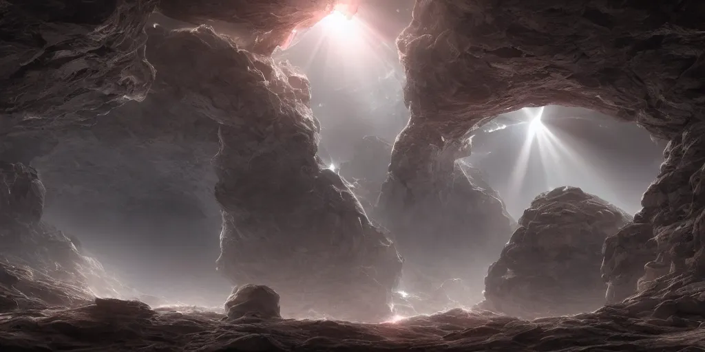 Image similar to ancient alien portal, crowd of androids, beams of light from sky, wormhole, matte painting, dreamscape, global illumination, the great beyond, trending on artstation