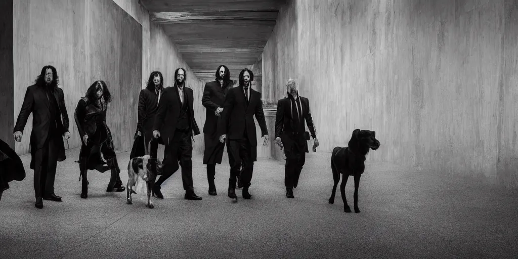 Image similar to John Wick, a black and white photo of a group, an album cover by David Gilmour Blythe, pinterest, bauhaus, tesseract, composition, national geographic photo, flemish baroque