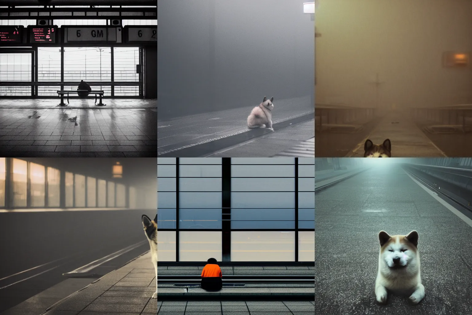 Prompt: high detail 35mm photo of a depressed akita inu waiting alone at an empty train station, orange lighting, foggy, desolate, atmospheric, hazy, melancholic, bleak, autochrome, 8k, reflections, octane render, unreal engine 5