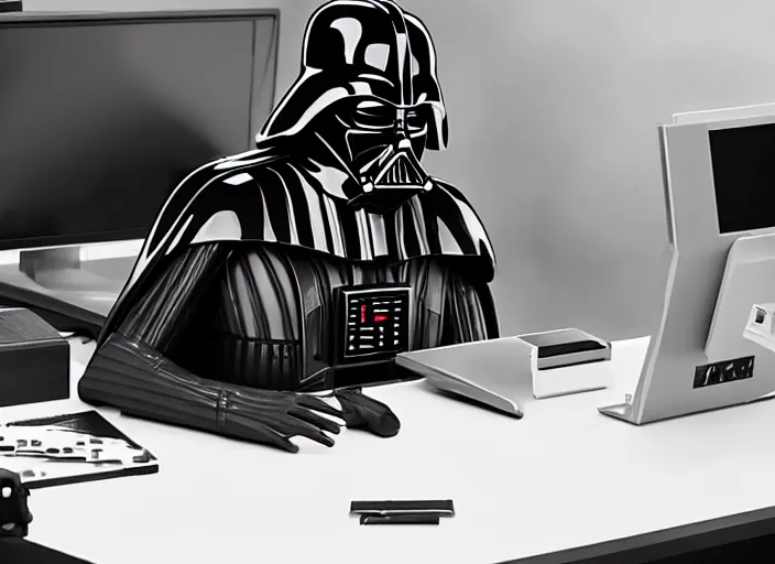 Image similar to film still of Darth Vader working in and office at a computer bored in the new Star Wars movie, 4k