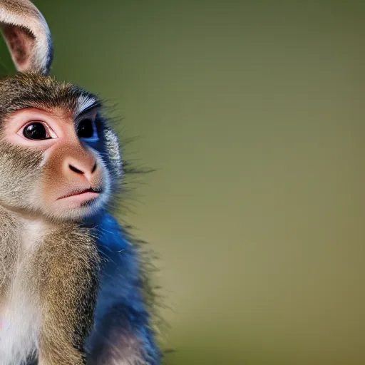 Prompt: high quality photography of rabbit cross monkey on simple blurred background from National GeoGraphic Award winning.