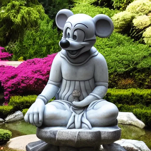 Prompt: marble statue of mickey mouse meditating in a rococo japanese garden