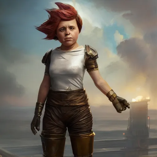 Image similar to a dramatic portrait of a short female gnome mechanic with cropped brown hair, instead of one arm she has one prosthetic metallic gauntlet, standing on a ship deck by Greg Rutkowski, ultra realistic, photorealistic 8k, cinematic lighting, HD, high detail, atmospheric, trending on artstation