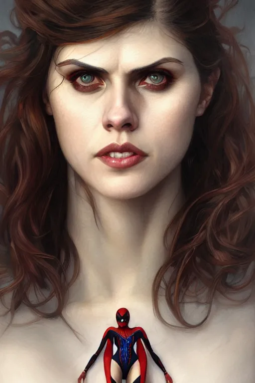 Image similar to alexandra daddario as spider girl, realistic portrait, symmetrical, highly detailed, digital painting, artstation, concept art, smooth, sharp focus, illustration, cinematic lighting, art by artgerm and greg rutkowski and alphonse mucha