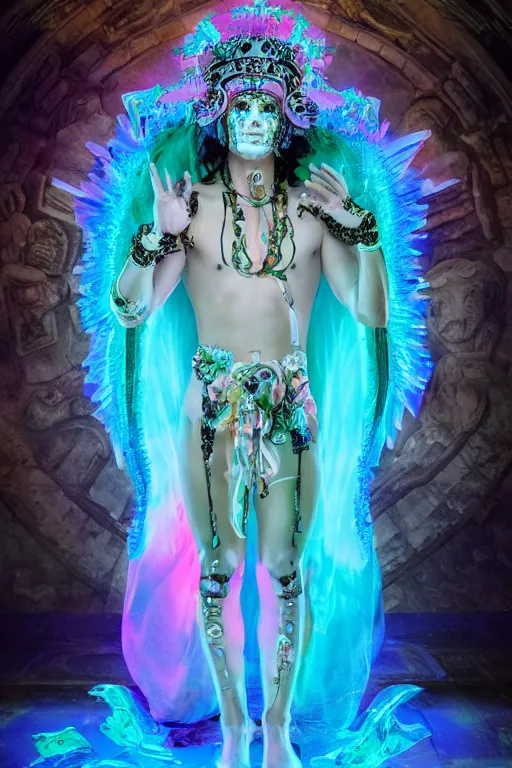 Prompt: photo of full-body rococo and cyberpunk delicate neon crystalline sculpture of ((handsome muscular onyx Aztec prince)) as an iridescent humanoid deity wearing ((peach plastic hooded cloak)) (holding an onyx skull) in a onyx aztec temple, reclining, glowing blue face, crown of (pink lasers), large blue diamonds, swirling black silk fabric. futuristic elements. oozing glowing liquid, full-length view. space robots. intricate artwork by caravaggio. Trending on artstation, octane render, cinematic lighting from the right, hyper realism, photorealistic, octane render, 8k, depth of field, 3D