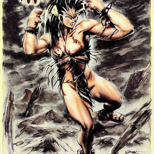 Prompt: Muscular savage woman, wild spiky black Saiyan hair, electrified hair, animal skin pelt, pelt, human-skin pelt, ragged torn caveman pelt, cavewoman, prehistoric fantasy, primeval fantasy, electricity aura, battle scars across body, red sky, battle-scarred, bloody, drawn by Frank Frazetta, pulp art, hyper-detailed