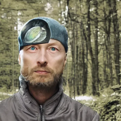 Image similar to thom yorke singer songwriter in a forest in a spacesuit filling up with water, waterline refractions, anamorphic lens flare, beautiful blueish eyes, eyes reflecting into eyes reflecting into infinity, spherical tiny round eye pupils, eyes reflecting into eyes reflecting into infinity, dramatic lighting