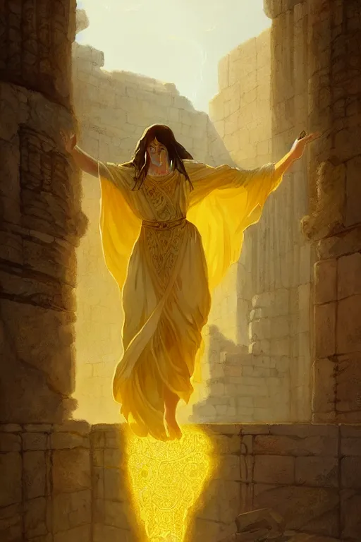 Image similar to possessed woman wearing an ancient greek tunic made of yellow paper, stephen bliss, unreal engine, fantasy art by greg rutkowski, rhads, ferdinand knab, makoto shinkai and lois van baarle, ilya kuvshinov, rossdraws, tom bagshaw, global illumination, radiant light, ancient greek temple ruins