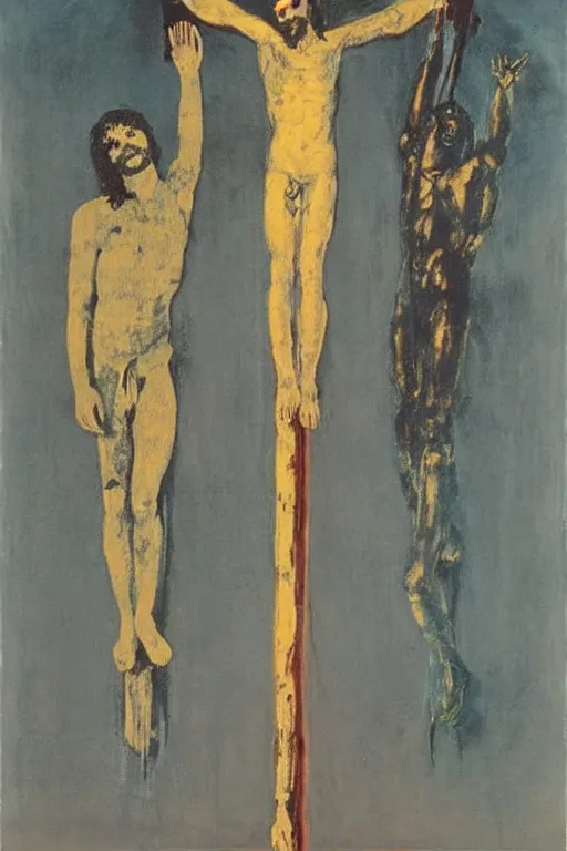 Image similar to light of god illuminating jesus christ crucified painted by cy twombly and andy warhol