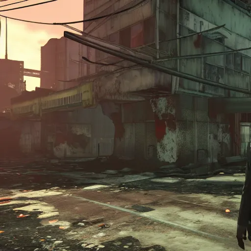 Prompt: Tokyo in ruins post-nuclear war in Fallout 4, in game screenshot