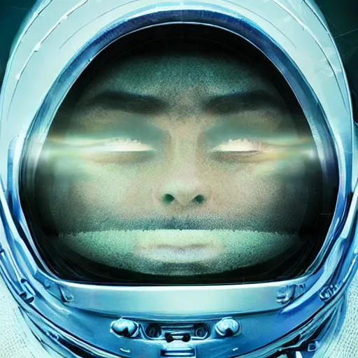 Prompt: futuristic thom yorke singer songwriter in a spacehelmet filling up with water, waterline refractions, video art, anamorphic lens flare, datamosh, beautiful blueish eyes, eyes reflecting into eyes reflecting into infinity, spherical black pupils, eyes reflecting into eyes reflecting into infinity, dramatic lighting