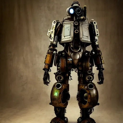 Image similar to real steampunk mech suit with cyberpunk background, photography by annie leibovitz