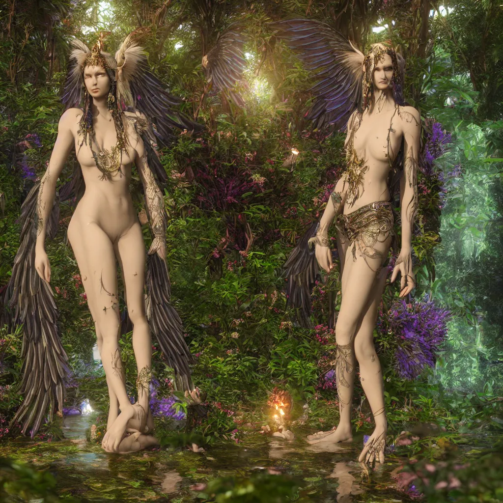 Image similar to single full body wiccan high priestess with angelic face, super fine details and intricate jewelry with feathers and crystals, ethereal, in clear water surrounded by lush plants flowers and phoenix birds, divine realm of gods, solarpunk realistic cinematic style, filmed in 70mm, volumetric lighting, octane render, photographic, concept art, artist Leonardo DaVinci, unreal engine, 8k