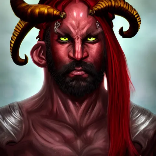 Image similar to dnd style portrait of a tiefling, male, red scales, red skin, a big black beard, completely golden eyes, 2 black ram horns growing out of his forehead,