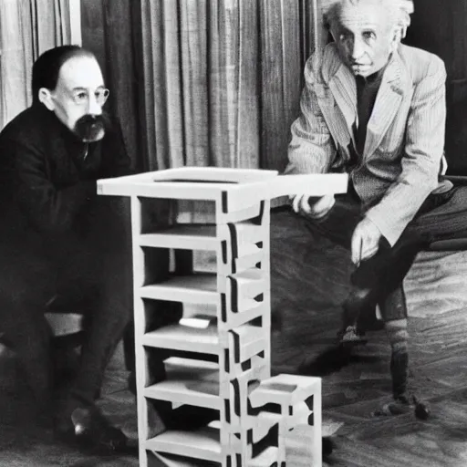 Prompt: Albert Einstein and Kurt Godel playing Jenga with the fabric of reality