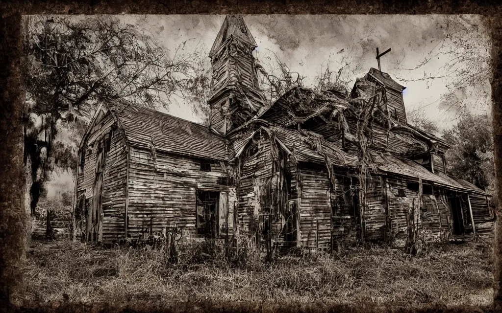 Image similar to an old wooden church rotting away in the bayou with tentacles growing from within, realistic, old color photograph, dynamic composition, creepy