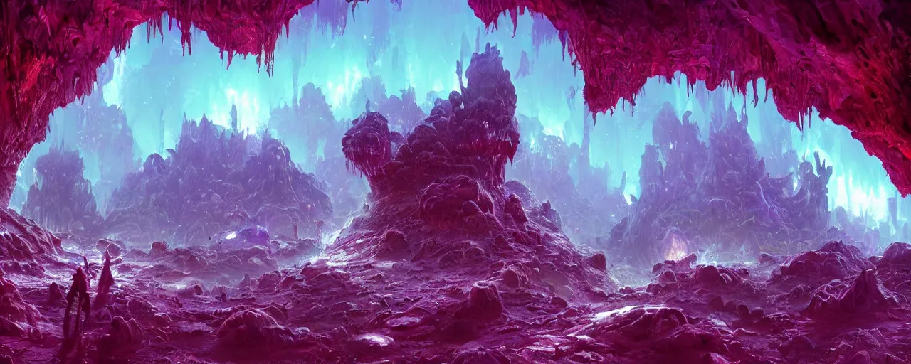 Image similar to ” crystal caverns alien landscape, [ beautiful, cinematic, detailed, epic, widescreen, opening, establishing, mattepainting, photorealistic, realistic textures, octane render, art by slop and paul lehr ] ”