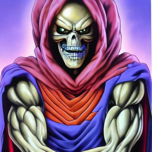 Prompt: ultra realistic portrait painting of skeletor, art by akira toriyama, 4 k, dragon ball artstyle, cel shaded, highly detailed, epic lighting