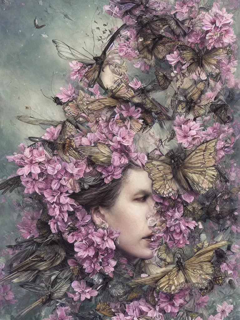 Prompt: a chaotic whirlwind of birds and butterflies and bees, intricate details, aesthetically pleasing and harmonious natural and pastel colors, art by marco mazzoni, impressionism, detailed, dark, wind