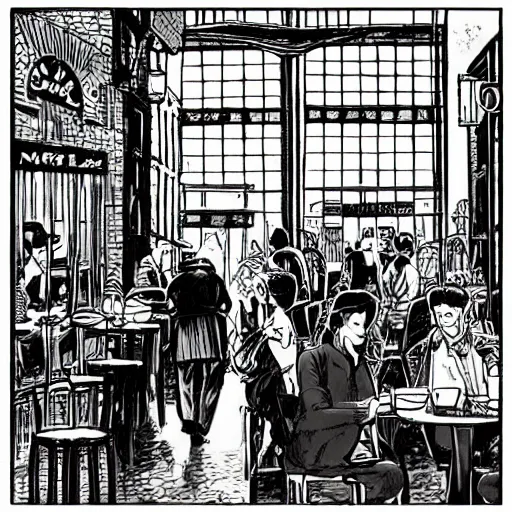 Prompt: busy cafe in a rainy victorian city, neil gaiman