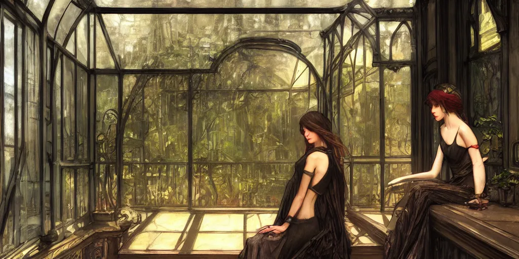 Prompt: ! dream artgerm, john william waterhouse style, long shot of bright sun with one beautiful girl sitting in a corner of an art nouveau style conservatory, atmospheric, highly detailed, 1 9 2 0's style speakeasy, digital painting, artstation, concept art, smooth, sharp focus, illustration,