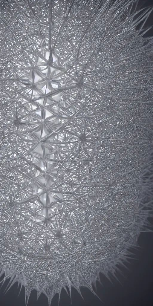 Prompt: a photorealistic render of one single radiolaria sculpture, made of liquid metal, c 4 d, by ernst haeckel, hyper realistic, plain background, 8 k, volumetric lightning, chrometype, octane render