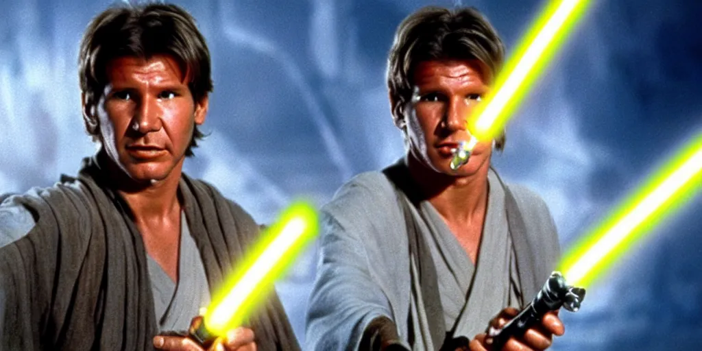 Image similar to A full color still from a film of a young Harrison Ford as a Jedi padawan holding a lightsaber hilt, from The Phantom Menace, directed by Steven Spielberg, 35mm 1990
