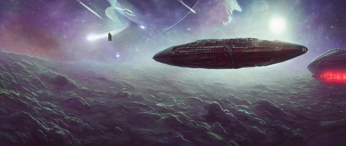 Image similar to tiny spaceship!!, deep space exploration!!!, flying, ridley scott universe, industrial design, the final frontier, illustrative!!, punk, space pirate, painterly, hyperdetailed, hyperrealistic, utilitarian cargo ship, cinematic lighting, 4k, wide angle, beksinski, (neon colors)